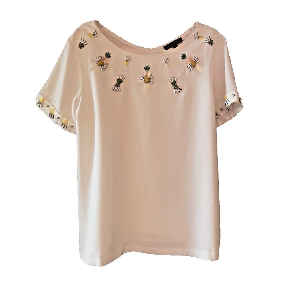 BANANA REPUBLIC Women's Beaded Blouse Size L White Yellow Green Pineapple NICE